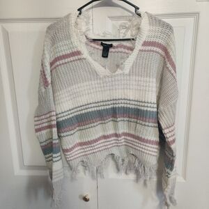Rue 21 Women's Small Distressed Cable Knit Sweater White Pink Blue Striped Raw